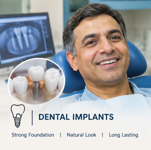 A patient smiling beside an illustration of a dental implant and crown.