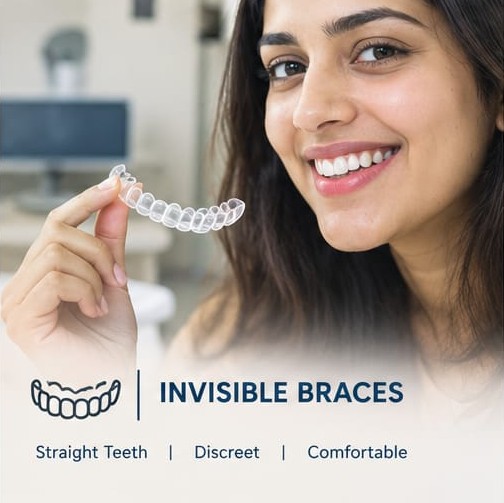 A woman holding a clear removable dental aligner.