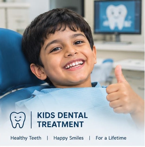 A child smiling confidently in a dental chair.
